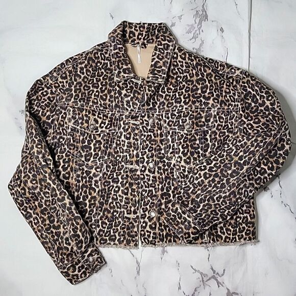 Free People Cheetah Print Denim Jacket - Picture 1 of 5